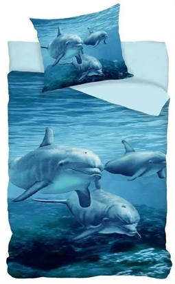 Sengetøj 150x210 cm - Svømmende delfiner - Vendbar dynebetræk - 100% bomulds sengesæt